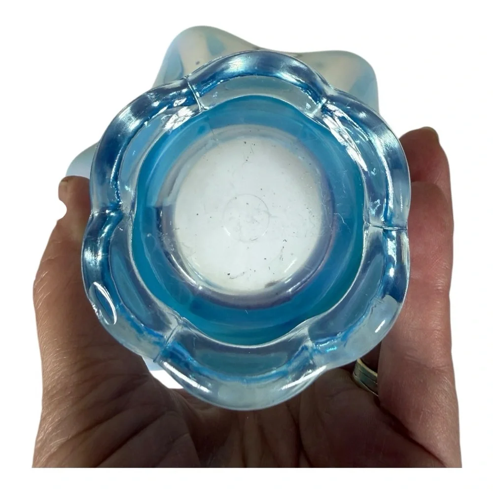 Opalescent‎ Blue Ruffled Glass Vase
